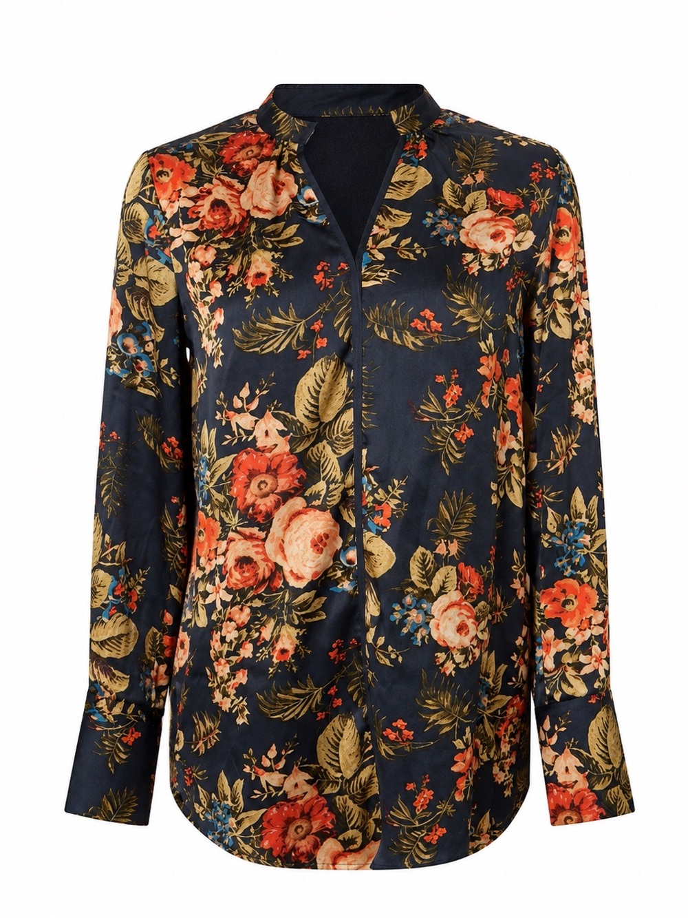 H&M Dark Floral Long Tunic Blouse Split Neck High-Low Hem US 10